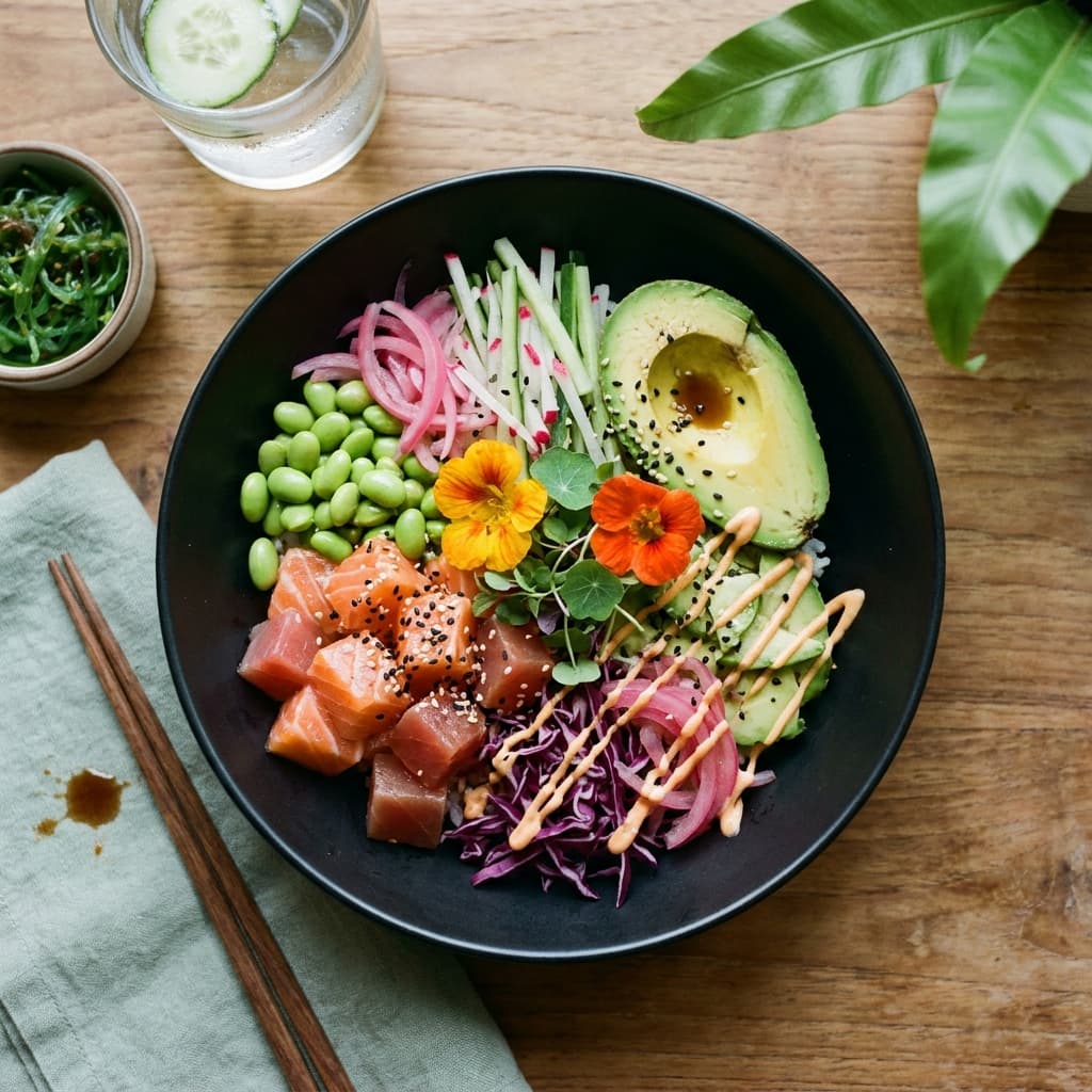 Phuket poke bowl — local tuna, brown rice, mango