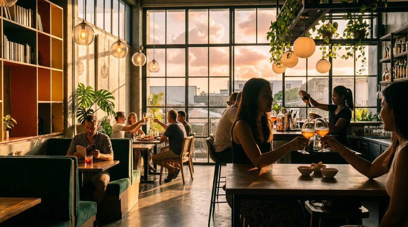 Urban Ground in the evening — warm amber light, wine and small plates, after-work crowd