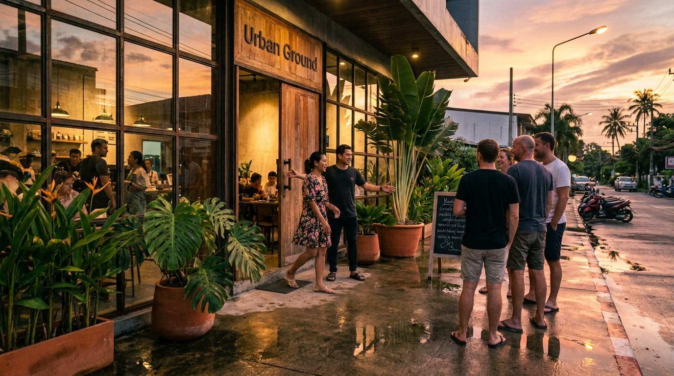Urban Ground exterior at Phuket sunset — green door, tall windows, tropical light