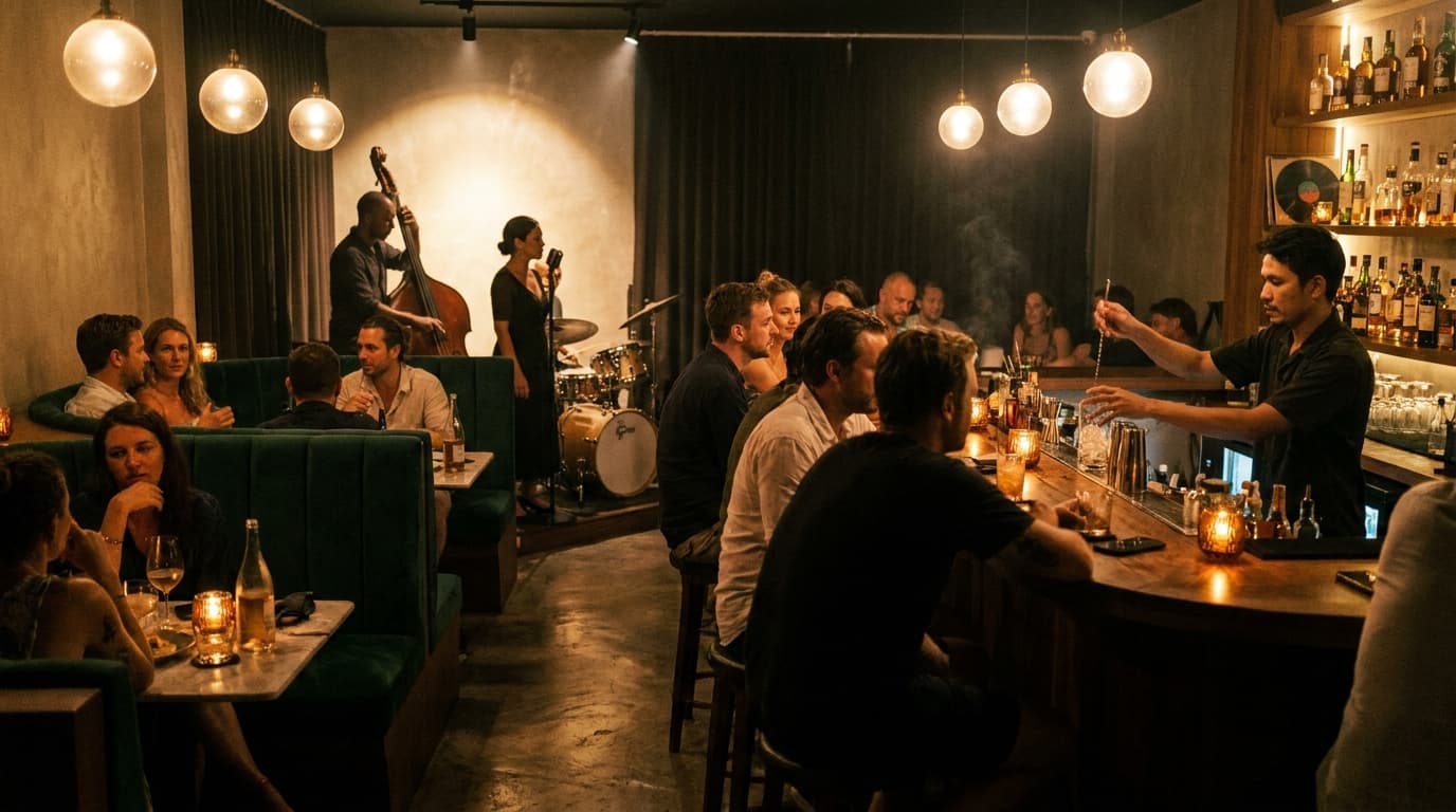 Speakeasy at Urban Ground — quiet jazz night, low warm light