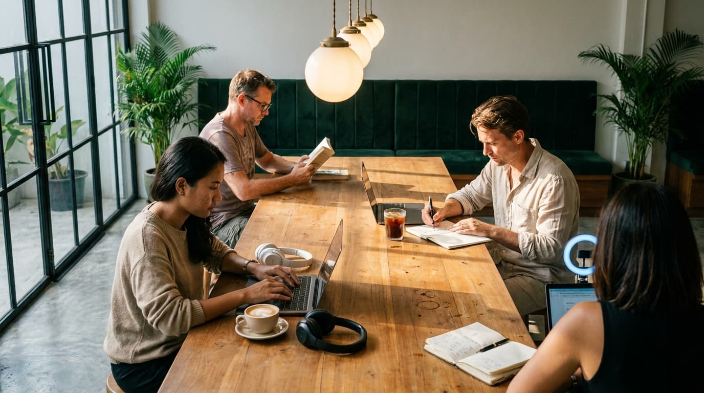 Work space at Urban Ground — quiet booths and open coworking under globe pendant lights